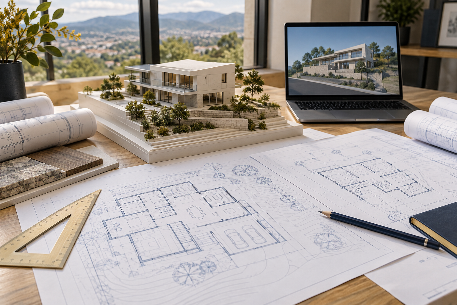Imagen conceptual de diseño arquitectónico: planos, maqueta y visualización 3D